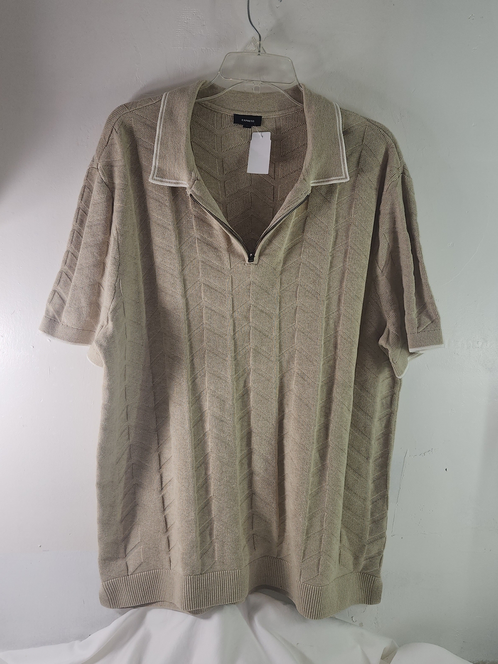 Express Taupe Knit Polo with Zip Collar and White Piping